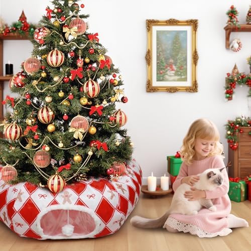 Plaid Cat Tunnel Christmas Tree Skirt, Multifunctional Christmas Tree Protector Cat Washable Indoor Cat Donut Cave Bed Kitty Hideout Tubes for Small Animal,32"×10" - Image 4