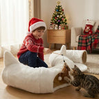 White Plush Cat Tunnel Christmas Tree Skirt, 2-in-1 Cat Donut Tunnel Bed - Image 6