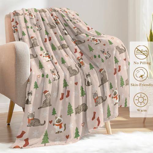 Cat Christmas Decorative Throw Blanket, Cute Kitten Tree Sock Snowflake Print Decoration, Soft Flannel Winter Blankets for Couch Bed Sofa, Holiday Home Decor, Xmas Festival Gifts 50x60 Inch - Image 3