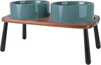 SPUNKYJUNKY Ceramic Elevated Dog Bowls Raised with Acacia Bamboo Wooden Stand, 8.3'' Dog Food Water Bowls Set Non-Slip for Medium Large Sized Breed Microwave Dishwasher Safe - 60 OZ,Dark Green