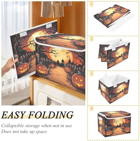 Bolaz Storage Bins with Lids and Handles,Halloween Night Pumpkin Skull Storage Box Storage Basket with Cover Collapsible Organizer Containers for Home Closet, Shelves - Image 4