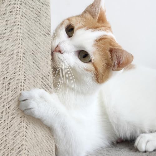Cat Scratching Post with Carpeted Base - 27.75-Inch Sisal Burlap Fabric Scratcher - Furniture Scratching Deterrent for Indoor Cats by PETMAKER (Beige) - Image 4