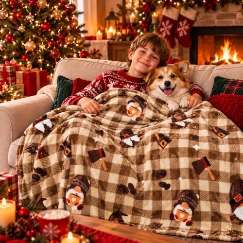 Gnome Coffee Throw Fleece Blanket,Checkered Theme Flannel Blankets,50"x60" - Image 3