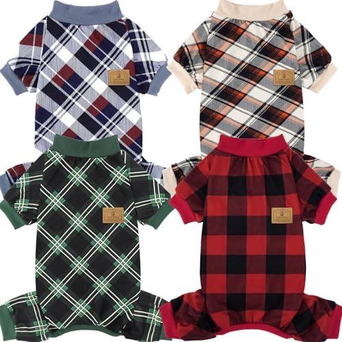 XPUDAC 4 Pack Dog Pajamas for Small Dogs Cats Plaid Doggie Clothes Puppy Onesies Christmas Pajamas Jumpsuits Pet Pjs Shirt Apparel X-Small, Red Green Khaki Grey by XPUDAC