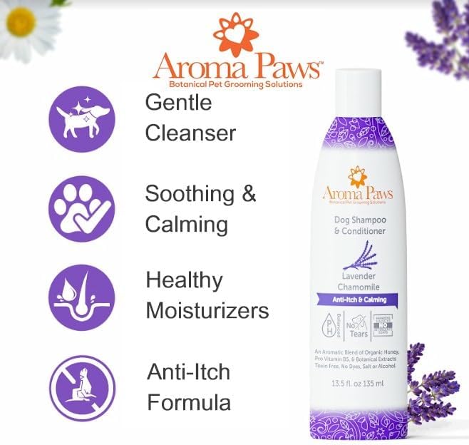 Anti-Itch & Calming Formula 2-in-1 Dog Shampoo & Conditioner - Lavender Chamomile, Tearless, Aroma Paws Sensitive Skin & Itch Relief, Sulfate & Paraben Free, Made in USA 13.5 oz