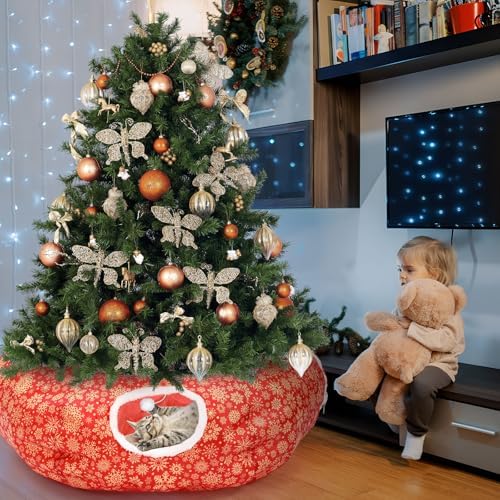Snowflake Cat Tunnel Bed Under Christmas Tree 36'' Kitten Circle Donut Tunnel Skirt with Ball Mat Decorative Xmas Folding Home Kitty Guard Tube Holiday Party Indoor Pet(Red Gold) - Image 7
