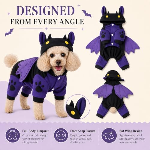 Dog Halloween Clothes, Fleece Bat Costume,Four-Leg Snap Jumpsuit,M - Image 4
