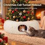 Supet Christmas Cat Tunnel Bed, Plush Tree Skirt with Cushion & Hanging Toy - Image 2