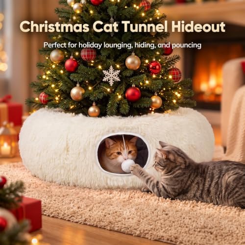 Supet Christmas Cat Tunnel Bed, Plush Tree Skirt with Cushion & Hanging Toy - Image 2