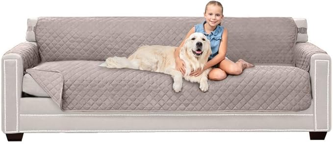 Sofa Shield® Couch Slip Covers for Dogs, Reversible Furniture Protector with Strap, Stain and Tear Resistant Cushion Cover, 88 inch Seat, Machine Washable Slipcover Pets, Cats, Light Taupe