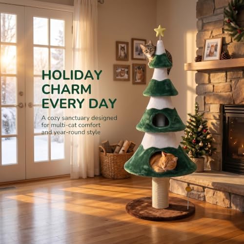 62" Cat Tower for Indoor Cats, Multi-Level Wooden Cat Tree with Sisal Scratching Posts, Cozy Cat Beds & Modern Holiday Design, Green - Image 2