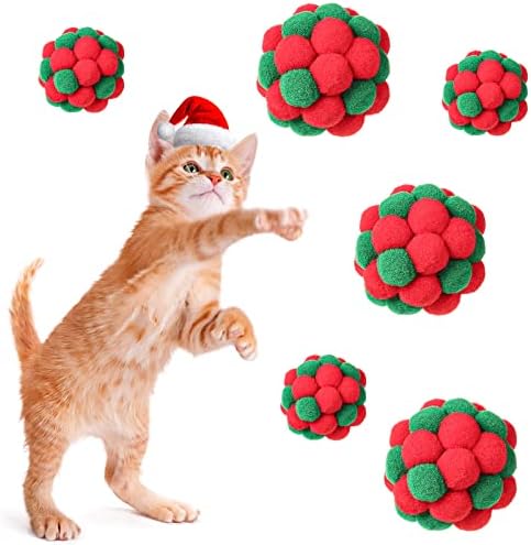 Queekay 6 Pieces Christmas Cat Toy Balls with Bell, 2 Sizes Soft Fuzzy Colorful Interactive Kitten Cat Toys by Queekay