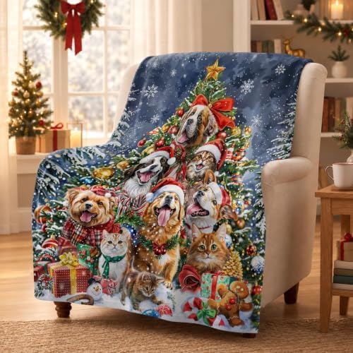Neasow Christmas Throw Blanket, Cats and Dogs Pets Christmas Tree and Snowflake Design Soft Fuzzy Cozy Flannel Blanket Gift for Family and Friends Home Sofa Couch Chair Decorative 50x60 Inch - Image 6