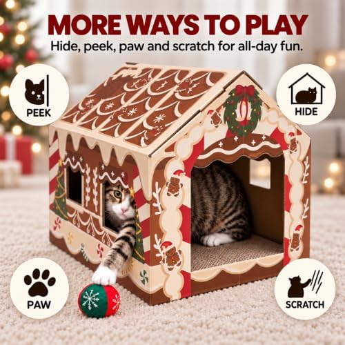Gingerbread Christmas Cat House, Sweet Hideaway with 2 Scratchers & Catnip - Image 2