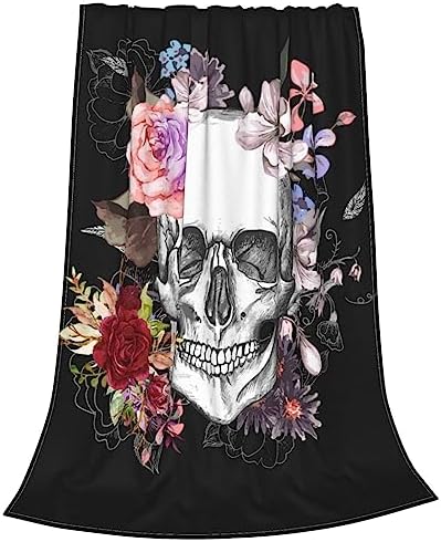 Sugar Skull Throw Blanket, Lightweight All Seasons Skull Flower Fleece Blanket for Women Girl, Black Warm Fuzzy Blanket for Bed Couch Sofa (40"x 50") by Qilerongrong