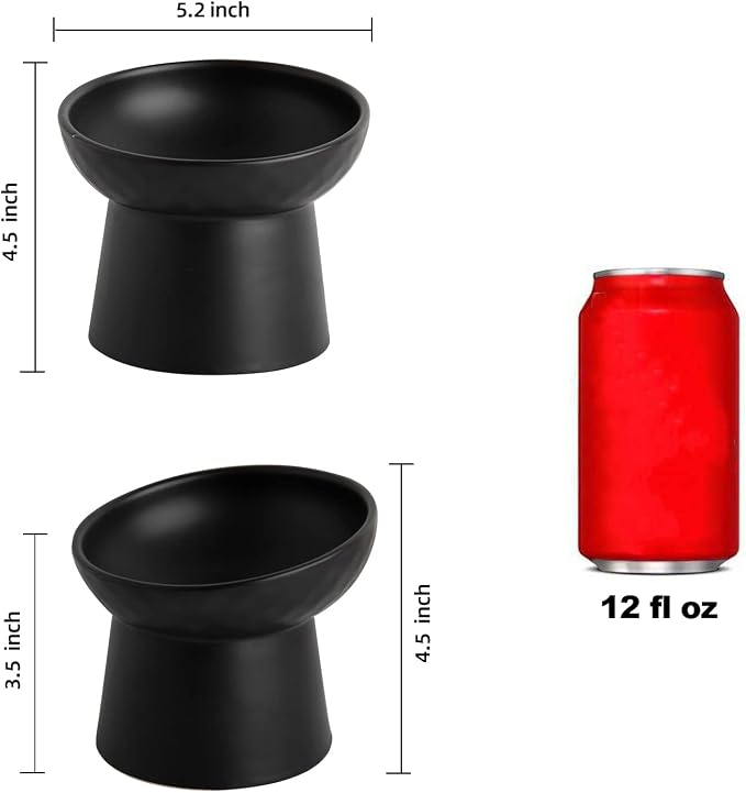 Elevated Cat Bowls, 15° Tilted Ceramic Raised Cat Food and Water Bowl Set, Whisker-Friendly Porcelain Pet Feeder Dishes for Indoor Cats and Small Dogs,Black,5.2 Inch,2 Pack