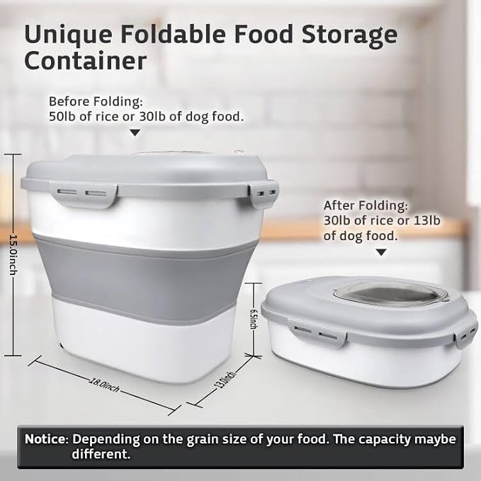 Rice Storage Bin Cereal Containers, 13-50lb Collapsible Rice Container Dispenser with Transparent Lid, Rolling Wheels, Measuring Cup and Scoop, Airtight Dog Cat Pet Food Storage Container White
