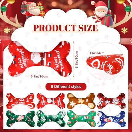 VioraWhite 8 Pack Christmas Dog Toys Plush Squeaky Bone Shaped Funny Toys Birthday Gift for Small Medium Large Sized Dogs, 6.1" x 3.8" - Image 2