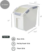 15 Liter / 30 lbs Rice Storage Container with Measuring Cup, BPA free, For Rice | Grain | Pet Food | Flour, 2 count, White