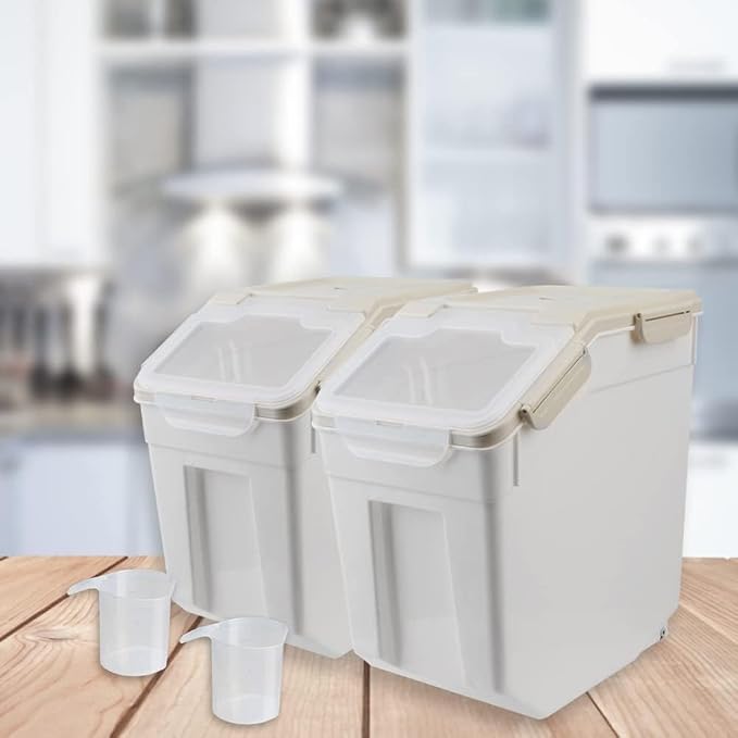 AnRui Rice Storage Container 50LB, Airtight Flour Storage Containers, Plastic Cereal Grain Dispenser Organizer Pet Food Storage Bin with Lid, Measuring Cup, Scoop, Gray, 2Pcs(Total Capacity:100LBS)