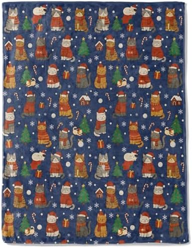 Cat Christmas Decorative Throw Blanket, Snowflake Candy Cane Print Decoration, Flannel Winter Blankets for Couch Bed Sofa, Holiday Home Decor, Xmas Festival Gifts for Kitten Lovers 60x80 in by AINORI