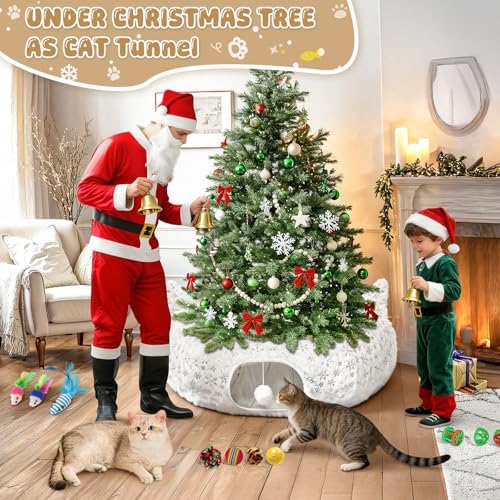 White Plush Cat Tunnel Christmas Tree Skirt with 11 Pcs Interactive Toys - Image 6