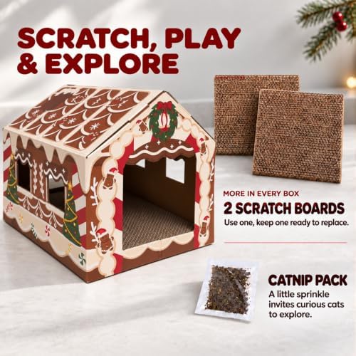 Gingerbread Christmas Cat House, Sweet Hideaway with 2 Scratchers & Catnip - Image 4