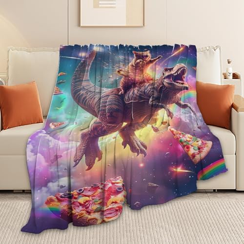 Funny Dinosaur and Cat Blanket Universe Rainbow Pizza Dino Cat Throw Blanket Gifts for Girls Women Kids Adults Super Soft Cozy Plush Fluffy Fuzzy Fleece Blanket Home Decor 40''X50'' - Image 4
