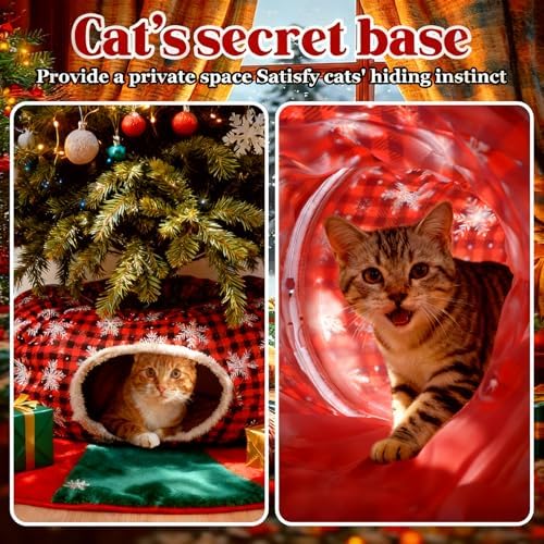 Christmas Cat Tunnel Tree Skirt – Warm Flannel Donut Tunnel Bed with Soft Cushion & Hanging Ball Toy, Peekaboo Cat Cave Under Tree for Indoor Cats to Prevent Christmas Tree Falling, Plaid Red - Image 5