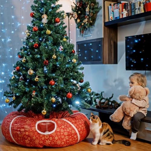 Snowflake Cat Tunnel Bed Under Christmas Tree 36'' Kitten Circle Donut Tunnel Skirt with Ball Mat Decorative Xmas Folding Home Kitty Guard Tube Holiday Party Indoor Pet(Red Gold) - Image 5