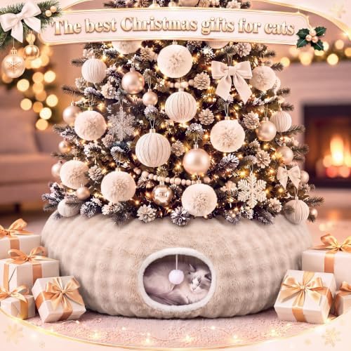 Christmas Tree Cat Tunnel 36 in Donut Bed, Cream, Bubble Fleece, Fluffy - Image 7