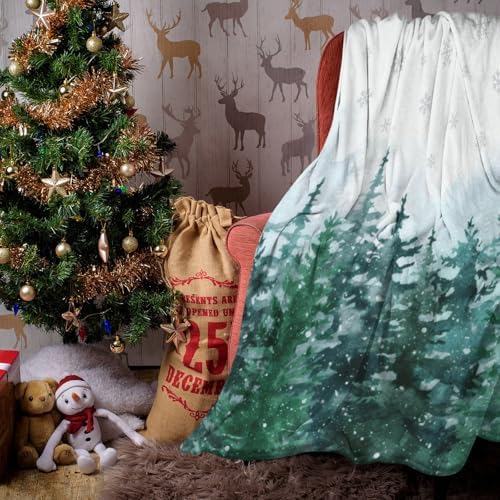 Xmas Blanket Watercolor Pine Tree Forest, Christmas Soft Cozy Flannel Blanket, Winter Snowflake Snowy Lightweight Throw Blanket for Home Party Bed Sofa Couch, 50" x 60" - Image 2