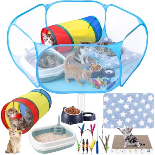 13 Pcs Kitten Starter Kit with Playpen Litter Box Feeder, Blue by Unknown