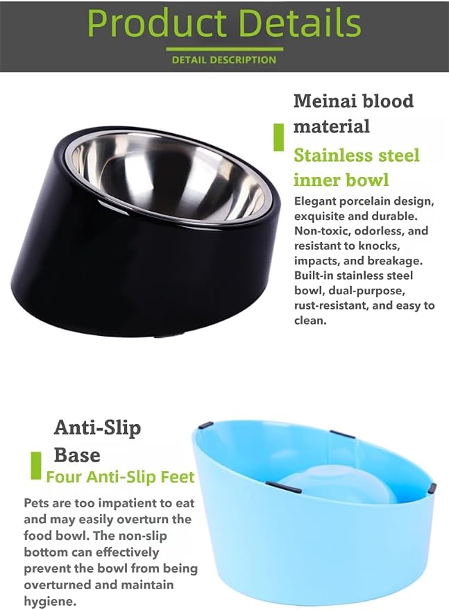15° Tilted Dog Bowl for Small Dogs Flat-Faced Breeds - Anti-Choke Ergonomic Elevated Feeder Non-Slip Base - 2-in-1 Detachable Stainless Steel Food & Water Bowls - Classic Black Sleek Style (Ｌ, Black)