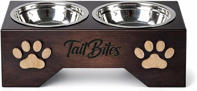 Raised Dog Bowls for Medium Sized Dogs – Wooden Elevated Dog Feeder Stand with 2 Stainless Steel Bowls + Chew Treat (14” x 7” x 6”)