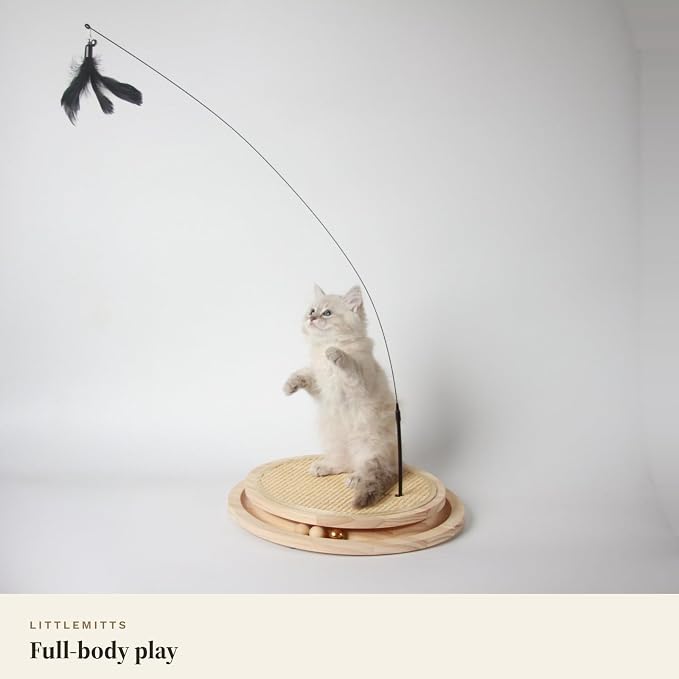 Instinct Wood Play System Cat Scratcher, Oval Wooden Scratching Pad with 3 Ball Track, Long Feather Wand, Catnip and No-Tool Setup, 15 x 13 Inch
