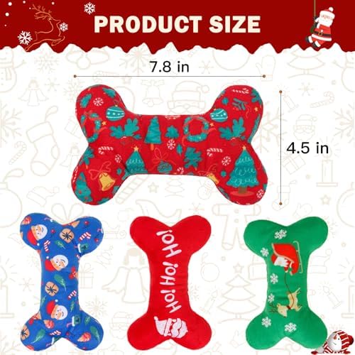 SCENEREAL Christmas Dog Toy Pack 4, Durable Cute Interactive Dog Stuffed Plush Squeaky Toys with Squeaker, Pet Chew Toys for Small Medium Dogs Puppies Bone Shape - Image 2