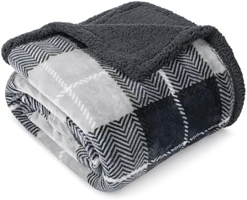 PAVILIA Plaid Sherpa Throw Blanket for Couch Sofa Bed, Dark Grey, 50x60 by PAVILIA
