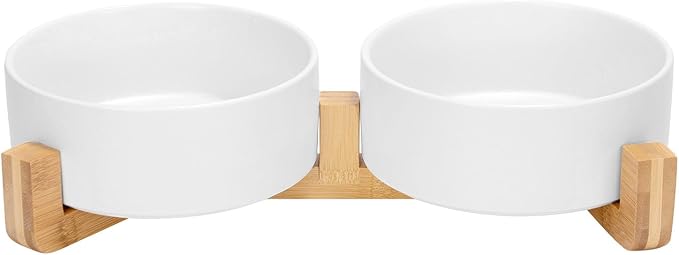 SPUNKYJUNKY Ceramic Dog and Cat Bowl Set with Wooden Stand, Modern Cute Weighted Food Water Bowl Set for Medium to Large Size Dogs (42 OZ, 2 × White)
