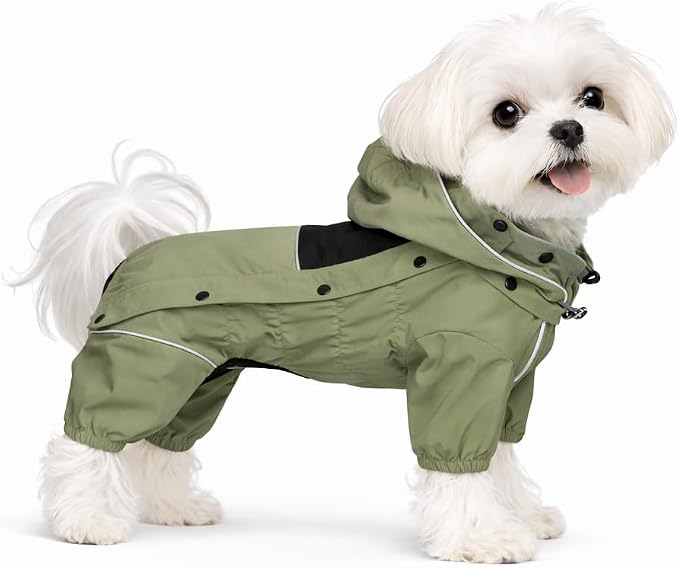 LOVELONGLONG Fleece-Lined Dog Raincoat with Removable Hood – Waterproof Winter Full Body Dog Jacket – Windproof Snowproof Cold-Weather Suit – Green-F XS