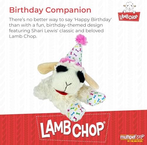 Multipet Lamb Chop Dog Plush Toy with Birthday Hat - Squeaky Dog Toy - Image 2