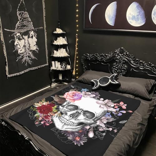 Sugar Skull Throw Blanket, Lightweight All Seasons Skull Flower Fleece Blanket for Women Girl, Black Warm Fuzzy Blanket for Bed Couch Sofa (40"x 50") - Image 4