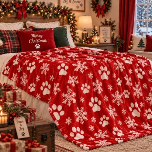 HunnmingRe Christmas Red Paw Flannel Blanket with Snowflakes, 50" x 60" - Image 4