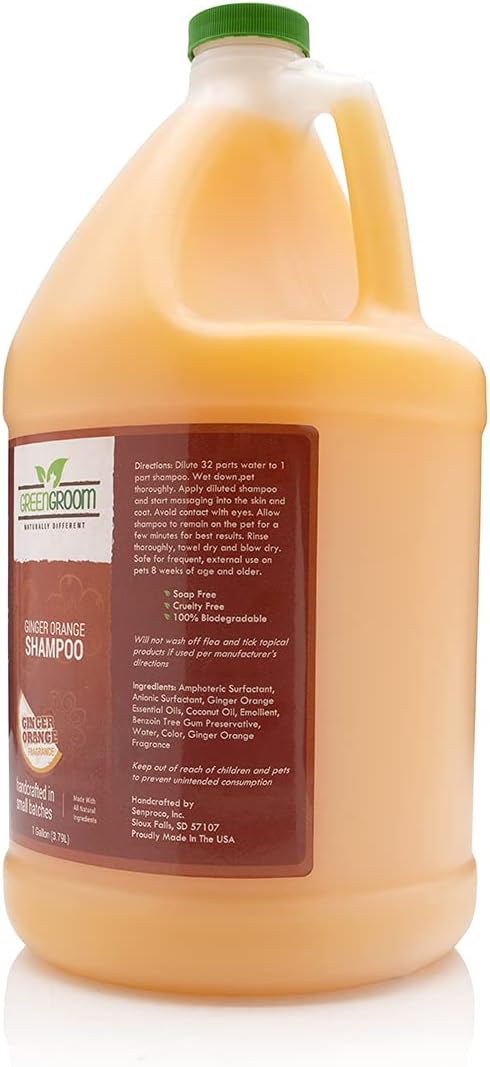 Green Groom Ginger Orange Aromatherapy Calming Dog Shampoo, 1 Gallon | 32:1 Concentrate, Essential Oils Calm and Relieve Tension, Coconut Oil, Boosts Volume, Pet Grooming Wash, Groomer Grade