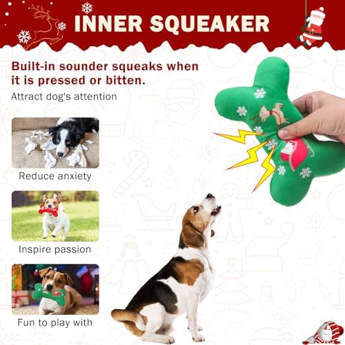 SCENEREAL Christmas Dog Toy Pack 4, Durable Cute Interactive Dog Stuffed Plush Squeaky Toys with Squeaker, Pet Chew Toys for Small Medium Dogs Puppies Bone Shape - Image 3