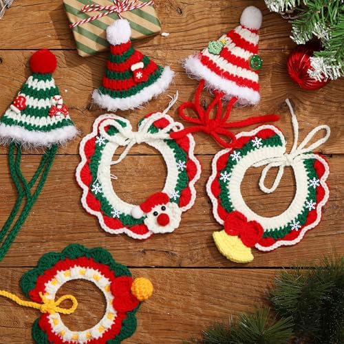 Coume 6 Pcs Christmas Cat Dog Costume Knitted Hats Collars Adjustable - Image 5