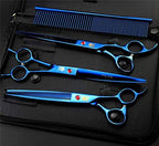 Purple Dragon 8 inch Dog Grooming Scissors Set with Anti-Shock Bag - Blue | Japanese 440C Steel Pet Grooming Shears, Comfortable Grip, Includes Curved, Straight & Thinning Scissors with Silencer