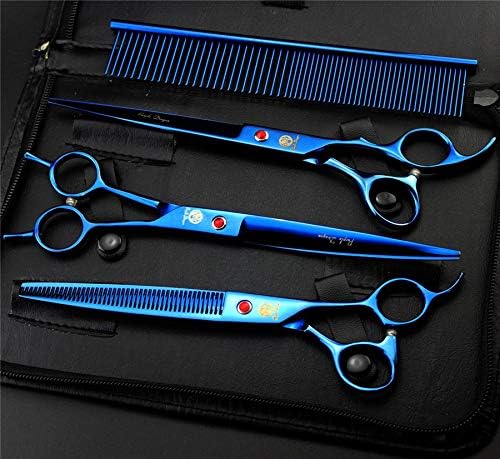 Purple Dragon 8 inch Dog Grooming Scissors Set with Anti-Shock Bag - Blue | Japanese 440C Steel Pet Grooming Shears, Comfortable Grip, Includes Curved, Straight & Thinning Scissors with Silencer