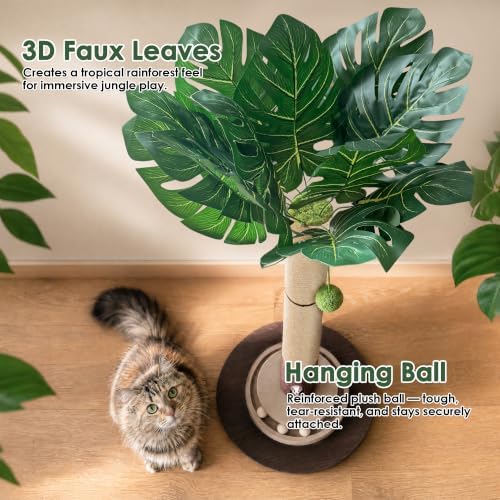 40" Cat Scratching Post, Monstera Leave Large Cat Scratcher Tree - Image 3