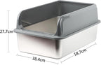 Powools Stainless Steel Cat Litter Box, High-Sided, Grey, XXL (1 Pack) | Metal Litter Box with Scoop, Anti-Leakage Top Entry, Non-Sticky, Easy to Clean, 8-Inch Splash-Proof Deep Pan